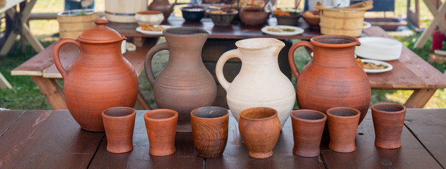 Handmade ceramic clay products. Jugs and glasses.
