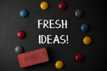Word writing text Fresh Ideas. Business photo showcasing thought or suggestion as to a possible course of action Round Flat shape stones with one eraser stick to old chalk black board