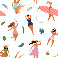 Hand drawn seamless vector pattern with happy young women in swimsuits, palm leaves, on a stripes background. Flat style design illustration. Concept for textile print, wallpaper, wrapping paper. - 272409451