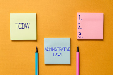 Conceptual hand writing showing Administrative Law. Concept meaning Body of Rules regulations Orders created by a government Front view colored sticky note ballpoints yolk background