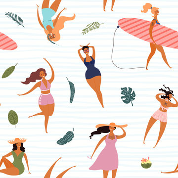 Hand drawn seamless vector pattern with happy young women in swimsuits, palm leaves, on a stripes background. Flat style design illustration. Concept for textile print, wallpaper, wrapping paper.