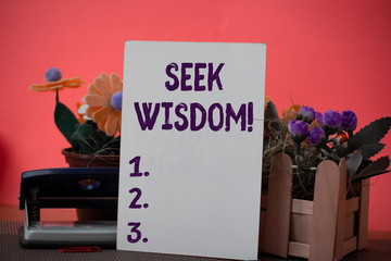 Text sign showing Seek Wisdom. Business photo showcasing ability to think act using knowledge experience understanding Flowers and writing equipments plus plain sheet above textured backdrop