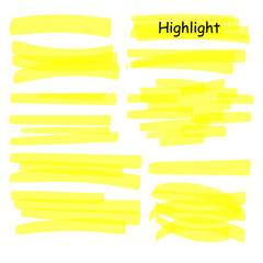 Fototapeta na wymiar Hand drawn highlight marker lines set. Highlighter yellow strokes vector isolated on white background. Highlighter drawing design illustration.