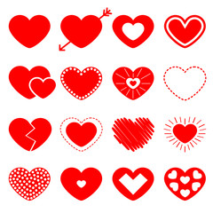 Red heart big icon set. Happy Valentines day sign symbol template. Different shape. Arrow, dash line. Paper and scribble line effect. Flat design. Love greeting card. Isolated White background.