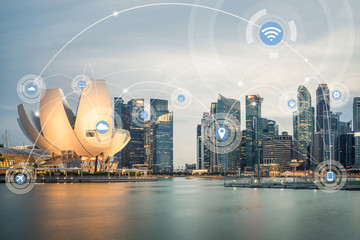 Smart city and wireless communication network concept. Digital network connection lines of Singapore at Marina Bay - obrazy, fototapety, plakaty
