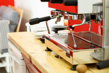 Making coffee in a cafe in the summer. Coffee machine.