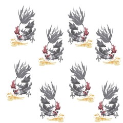 a pattern of roosters with wheat on a white background