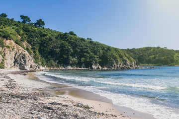 Beatiful beach with turquoise water and white sand in far east of Russia