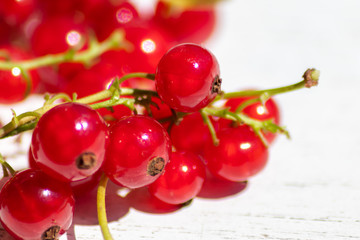 Reife, rote Johannisbeeren warten auf Genießer im Garten auf dem weißen Gartentisch