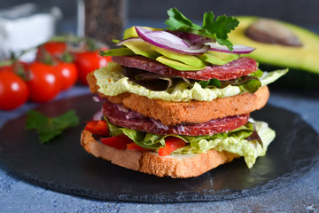 Crispy sandwich with salami, salad and vegetables on the kitchen table. View from above.