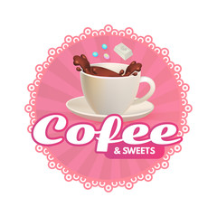 Cafe Sticker Design Template. Coffee, Chocolate and Sweets. Cute and Delicious.