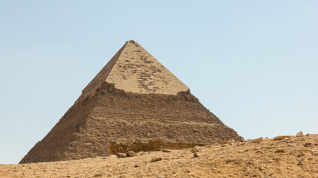 View of the great pyramid of Pharaoh Khafre, ancient architecture of Egypt in the Giza complex