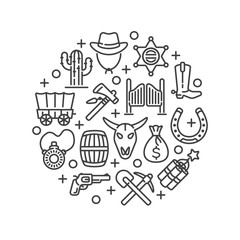 Line design with wild west elements isolated on white background. Vector illustration.