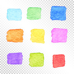 Set of Colorful Square Watercolor Spots on Transparent Background.