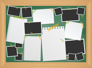 Items pinned to a school message board with wood frame, ready for your customized text or images. Stick note. Blank worksheet exercise book. Empty photo frame. The school Board. 