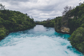 Powerful river flow at Huka falls in Taupo, New Zealand