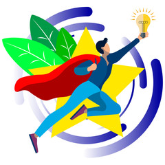 Fototapeta premium An office worker, a superhero, has a good idea. In minimalist style. Cartoon flat raster