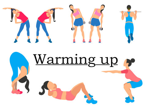 Stages warm up. Sport for health, clearly shows the girl. In minimalist style. Cartoon flat raster