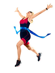 Fototapeta na wymiar one caucasian woman practicing triathlon triathlete ironman runner running jogger jogging in studio shot isolated on white background