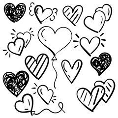 Set of doodles hearts. Grunge stamps collection. Love shapes for your design. Textured Valentine's Day signs. Romantic love symbols set for greeting valentines card element. Hand drawn.