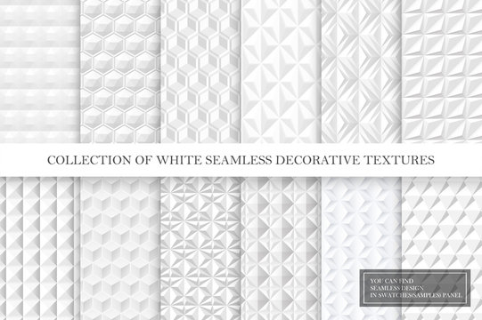 Collection of white and gray tile seamless decorative textures. Geometric repeatable backgrounds. Vector 3d patterns