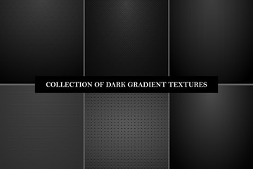 Collection of dark vector carbon textures. Black iron gradient backgrounds