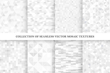 Set of tile geometric vector seamless patterns. White and gray mosaic endless textures. - obrazy, fototapety, plakaty
