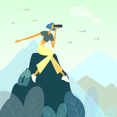 Happy girl hiking in mountains and leading healthy lifestyle cartoon vector illustration