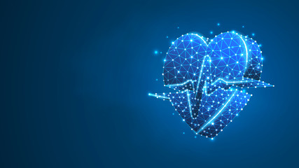 Heart with pulse line. Polygonal technology concept of healthcare, cardio check. Abstract, digital, wireframe low poly mesh Raster blue neon 3d illustration. Triangle line dot