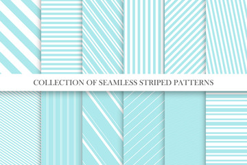 Collection of cute seamless striped patterns in turquoise colors. Delicate geometric repeatable backgrounds - obrazy, fototapety, plakaty