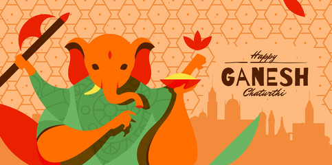 Happy Ganesh Chaturthi banner flat design with Ganesha - Vector
