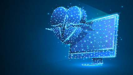Computer with Heart pulse line on monitor. Polygonal Internet treatment, computer care concept. Abstract, digital, wireframe low poly mesh Raster blue neon 3d illustration. Triangle line dot