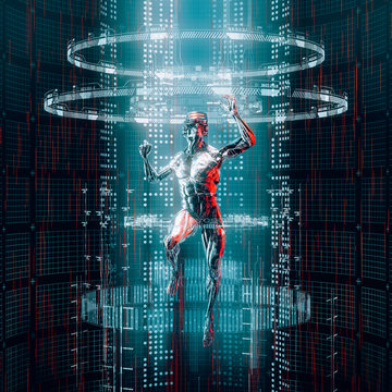 Data portal entry / 3D illustration of science fiction male humanoid android travelling through glowing virtual reality code