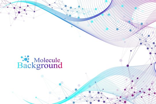 Scientific vector illustration genetic engineering and gene manipulation concept. DNA helix, DNA strand, molecule or atom, neurons. Abstract structure for Science or medical background. Wave flow