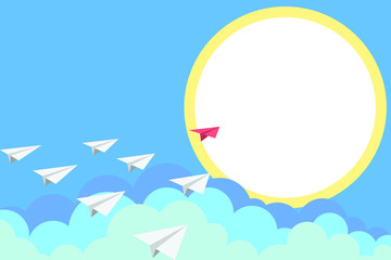 A red paper plane leads a lot of white airplanes behind it in the blue sky. Leader purposefully, leads to success. Vector illustration.