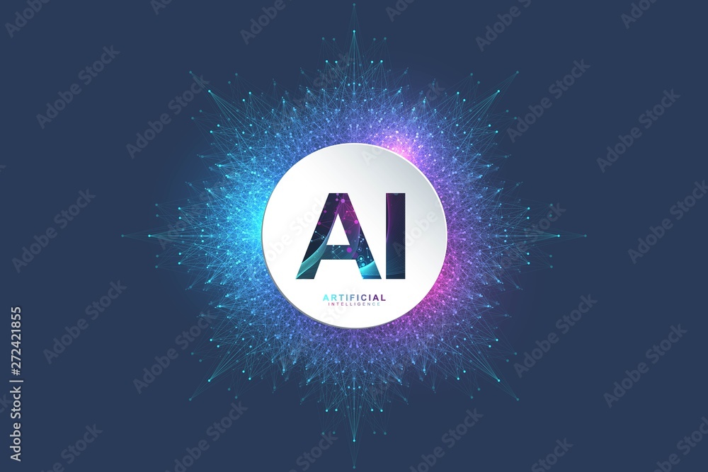 Poster Artificial Intelligence Logo. Artificial Intelligence and Machine Learning Concept. Vector symbol AI. Neural networks and another modern technologies concepts. Technology sci-fi concept, hi tech