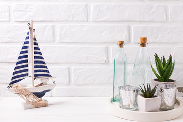 Succulents  plants in pots on tray  and decorative boat near by white brick wall.