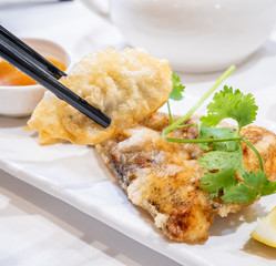 Delicious dim sum, famous cantonese food in asia - Fried fish and dumplings with lemon, sauce and tea in hong kong yumcha restaurant, close up