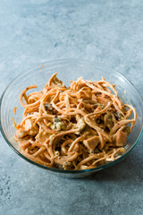 Spiralized Raw Sweet Potato Salad with Tahini / Tahin Sauce, Walnut and Cheese in Glass Bow.l.