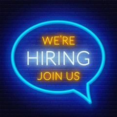 Neon sign we are hiring - join us on the brick wall background. Light poster or banner for recruiting. Vector.