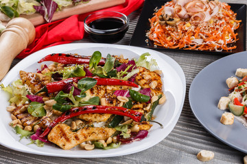 Food. Set of dishes on the table. On a wooden background. Top view.