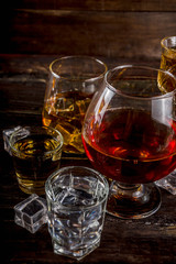 Assortment various hard and strong alcoholic drinks in different glasses: vodka, cognac, tequila,...