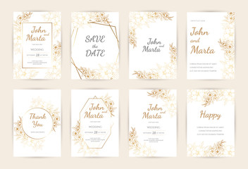 Wedding Invitation with Gold Flowers and gold geometric line design. background with geometric golden frame. Cover design with an ornament of golden leaves. vector eps10