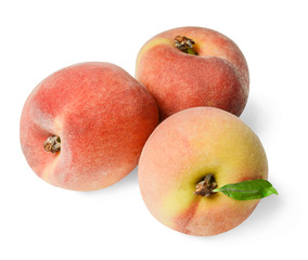 Fresh juicy peaches isolated on white. Bright saturated colors. Design element for print and web.