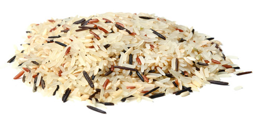 A handful of rice of different varieties on a white isolated background. Side view.