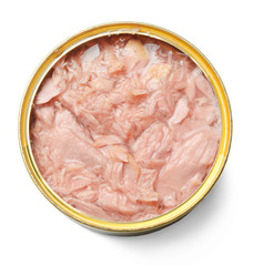 Open tin can with tuna isolated on white. Close-up. Top view.
