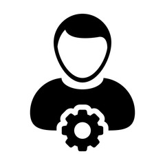 Support icon vector male person profile avatar with gear cogwheel for settings and configuration in flat color glyph pictogram illustration