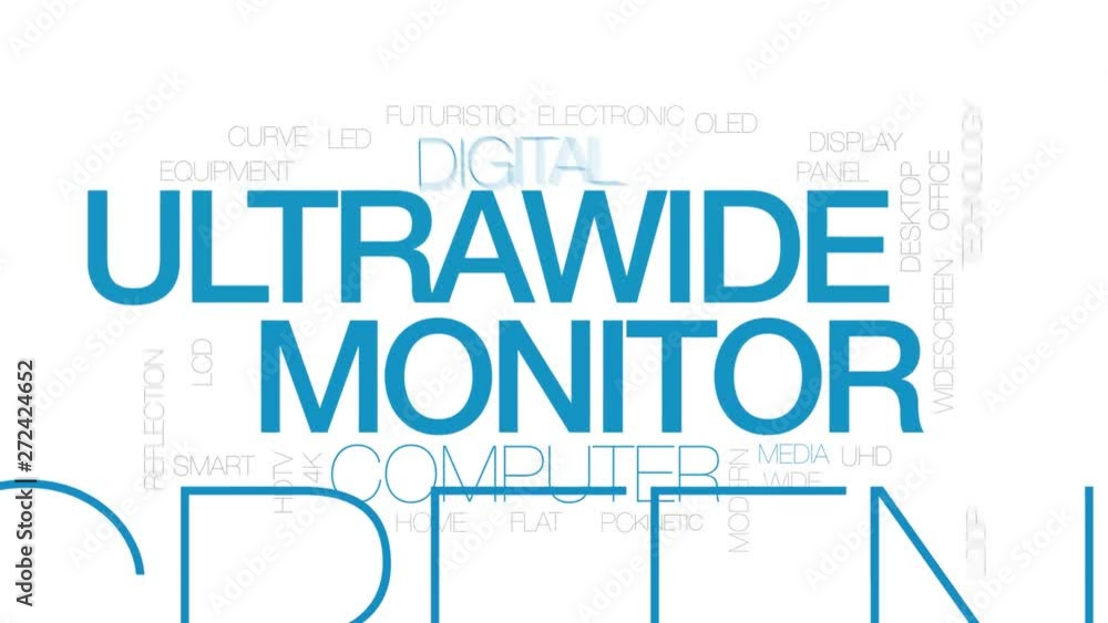 Poster ultrawide monitor animated word cloud, text design animation. kinetic typography.