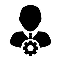 Labor icon vector male person profile avatar with gear cogwheel for settings and configuration in flat color glyph pictogram illustration