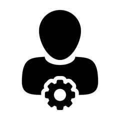 Service icon vector male person profile avatar with gear cogwheel for settings and configuration in flat color glyph pictogram illustration
